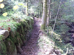 Le sentier est étroit entre le mur et le ruisseau